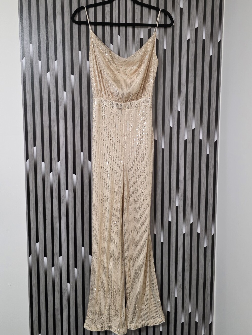 Beige Sequin Wide-Leg Jumpsuit
